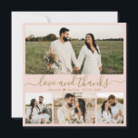 Elegantes Rosa und Gold Script Foto Hochzeit Dankeskarte<br><div class="desc">Elegant Blush Pink und Gold "Liebe und danke" Script 4 Foto Collage Wedding Dankeschön Karte. Stilvoll, modern, minimalistisch Hochzeitskarte danke Ihnen die Vorlage mit vier (4) Foto auf der Vorderseite und ein (1) Foto auf der Rückseite. Mit dem Text "Liebe und Dank" in einer Wirblen Hand Buchstabiert Typografie Swash-Schwanz Schriftart...</div>