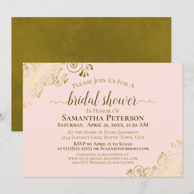 Elegantes Rosa- und Gold-Spitzen-Brautparty Einladung (Vorne/Hinten)