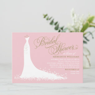 Elegantes rosa und goldenes Hochzeitskleid-Brautpa Einladung