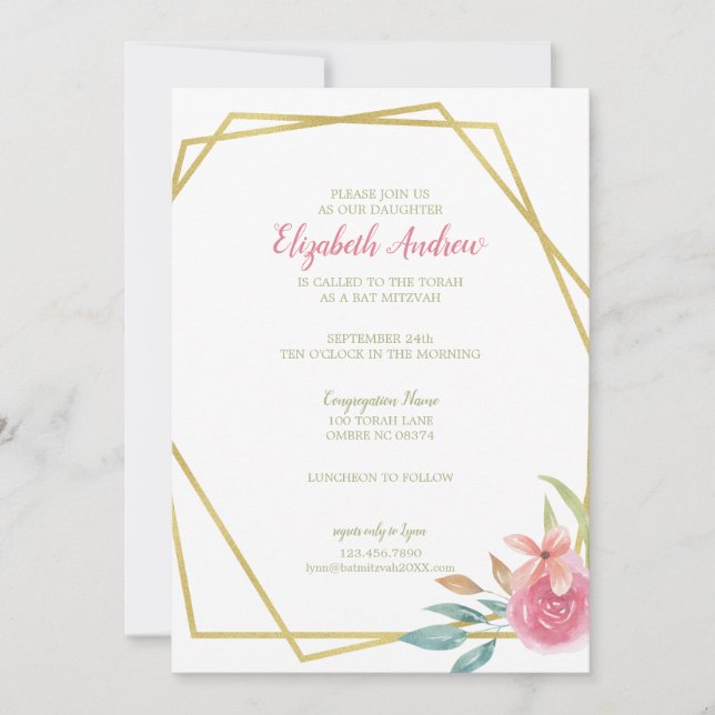 Elegantes rosa und goldenes Wasserfarben Bat Mitzv Einladung (Vorderseite)