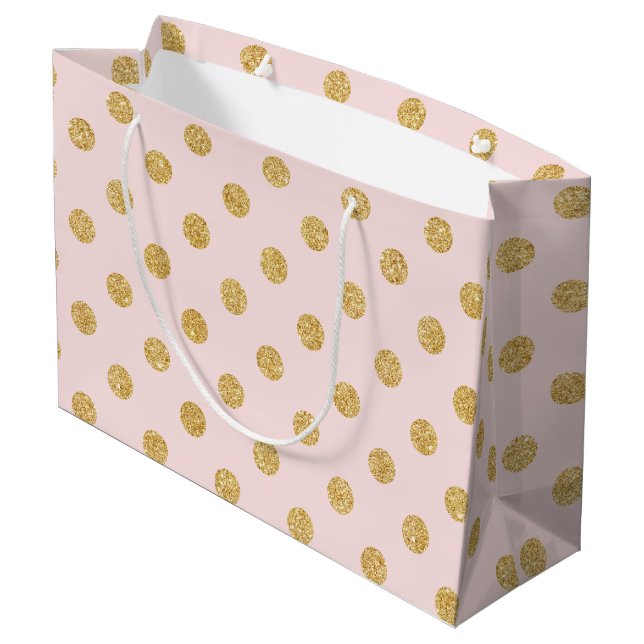 Elegantes Rosa-und GoldGlitzer-Polka-Punkt-Muster Große Geschenktüte (Rückseite Schrägansicht)
