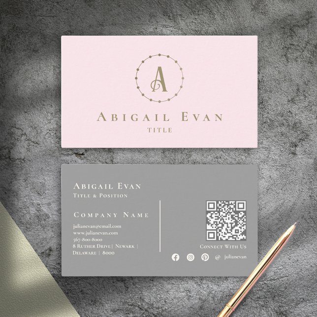Elegantes Rosa und Grau Glitzer Gold Monogramm Visitenkarte (Elegant Blush Pink and Gray Glitter Gold Monogram Business Card)