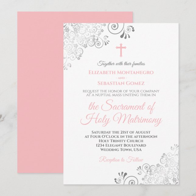 Elegantes Rosa und Grau Moderne katholische Hochze Einladung (Vorne/Hinten)
