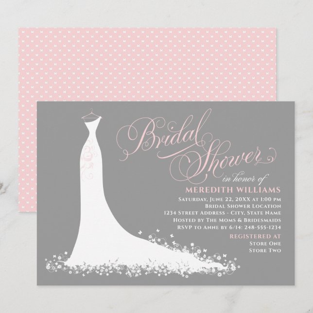 Elegantes rosa und graues Hochzeitgown-Brautparty Einladung (Vorne/Hinten)