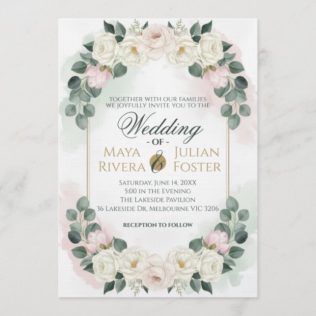 Elegantes Rosa- und Grün-Blumen-Hochzeitseinladung Einladung (Vorderseite)