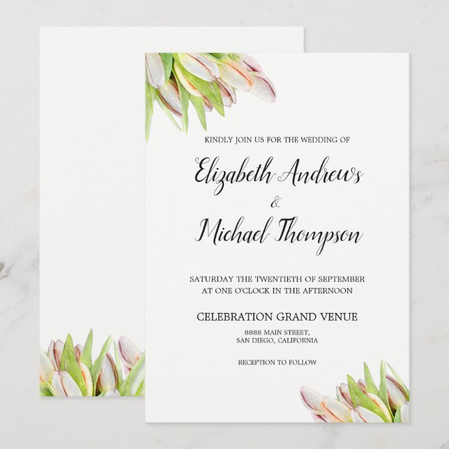 Elegantes Rosa und grünes Tulip Hochzeitungs-Wasse Einladung (Vorne/Hinten)