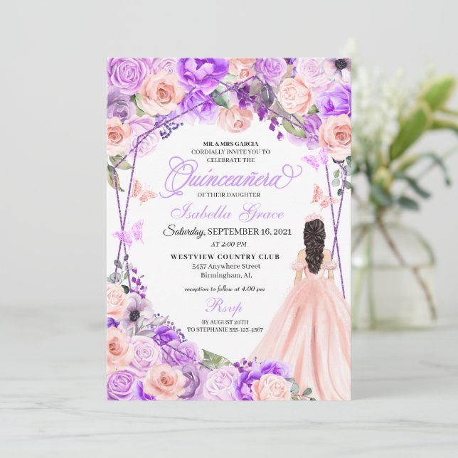 Elegantes Rosa und Lila Blumenmotiv Einladung (Stehend Vorderseite)