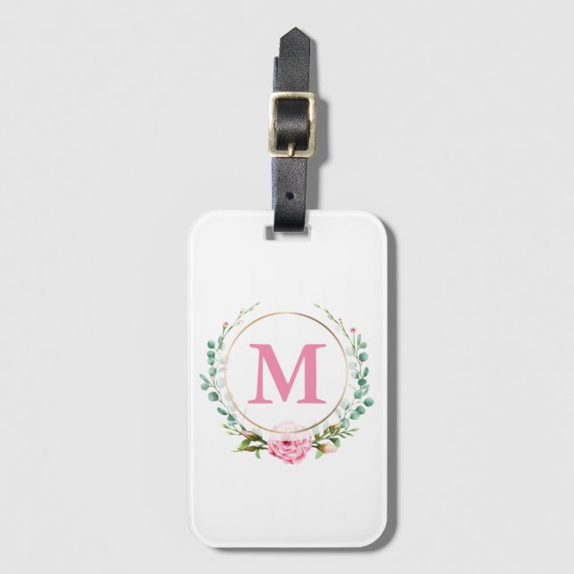 Elegantes Rosa und Monogramm mit Blumenreath Gepäckanhänger (Vorderseite Vertikal)