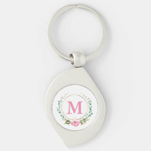 Elegantes Rosa und Monogramm mit Blumenreath Schlüsselanhänger