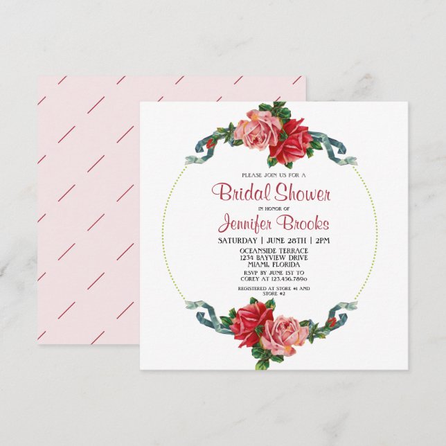 Elegantes Rosa und Rote Rose Blumenkohl Brautparty Einladung (Vorne/Hinten)