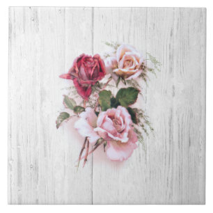 Elegantes Rosa und Rote Rosen auf Weißes Wald Fliese
