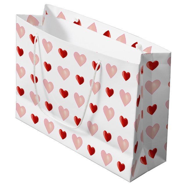 Elegantes Rosa und Rotes Herz auf Weiß Große Geschenktüte (Vorderseite Schrägansicht)