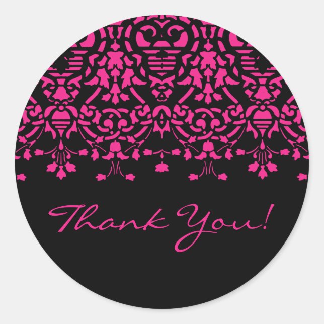 Elegantes Rosa und schwarzer Damask Danke Sticker (Vorderseite)