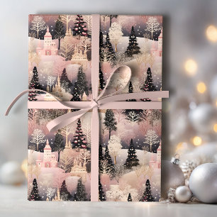 Elegantes Rosa und Schwarzes Weihnachtsdorf Geschenkpapier