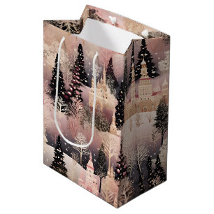 Elegantes rosa und schwarzes Weihnachtsdorf Mittlere Geschenktüte