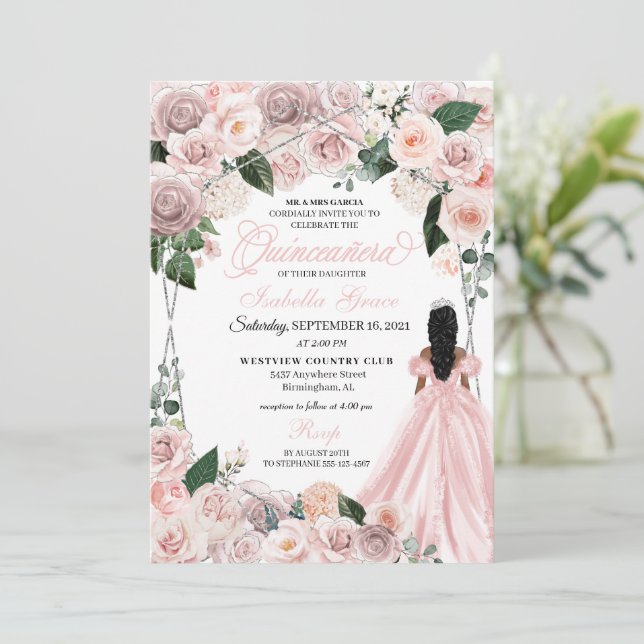 Elegantes Rosa und Silberblume - Quinceanera I Einladung (Stehend Vorderseite)