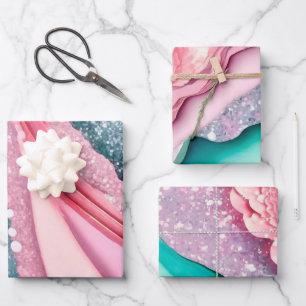 Elegantes rosa und türkisfarbenes Glitter Alcohol  Geschenkpapier Set