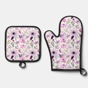 Elegantes rosa und violettes Blumenmuster Ofenhandschuh & Topflappen-Set