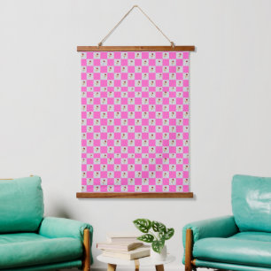 Elegantes rosa und weiße Karierte Blume Muster Wandteppich Mit Holzrahmen