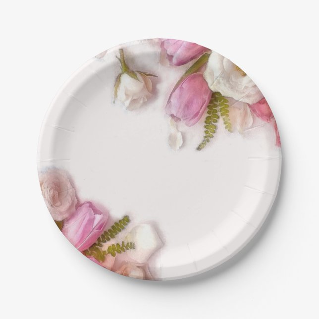 Elegantes rosa und weißer Frühlings-BlumenAquarell Pappteller (Vorderseite)