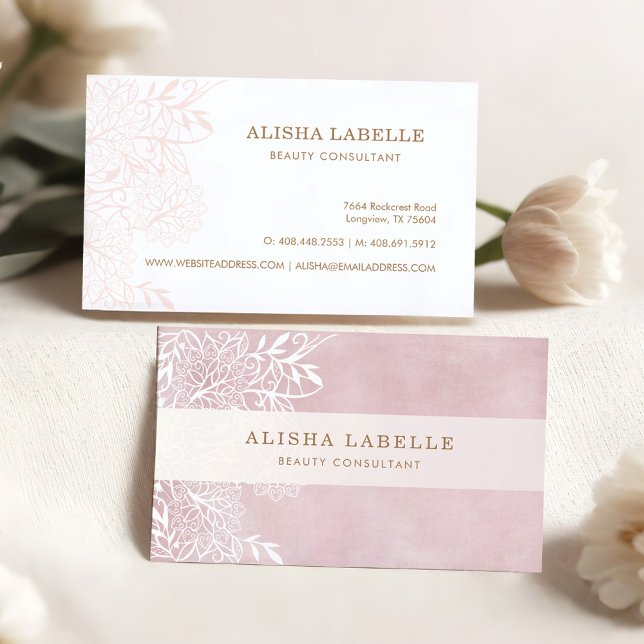 Elegantes, rosa und weißes Blattwerk Visitenkarte (Elegant Blush Pink & White Floral Foliage Lace Business Card)