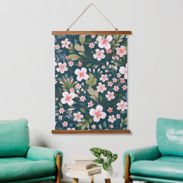 Elegantes rosa und weißes Blumenmuster Wandteppich Mit Holzrahmen