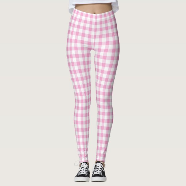 Elegantes rosa und weißes Gingham-Muster Leggings (Vorderseite)