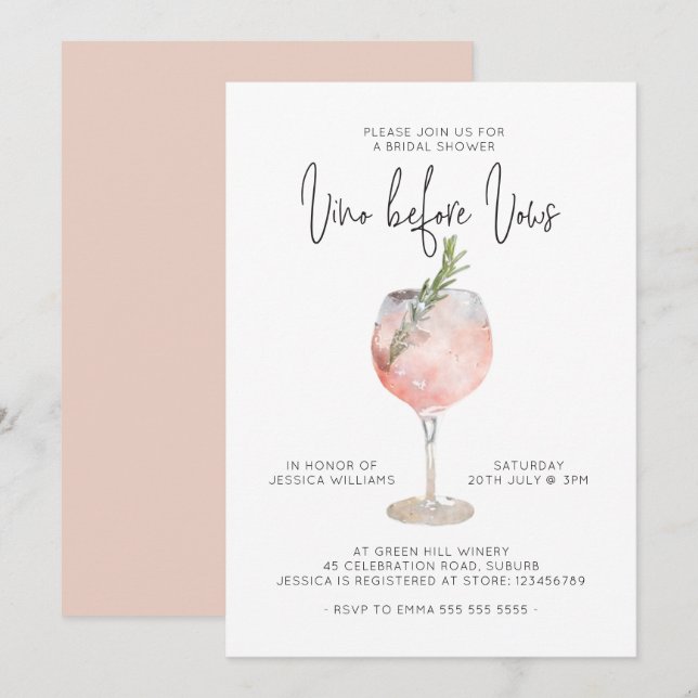 Elegantes Rosa Vino vor Vows Brautparty Einladung (Vorne/Hinten)