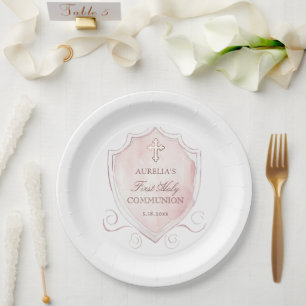 Elegantes rosa Wappen Erstkommunion Pappteller