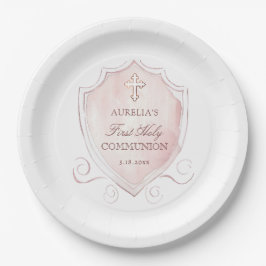 Elegantes rosa Wappen Erstkommunion Pappteller