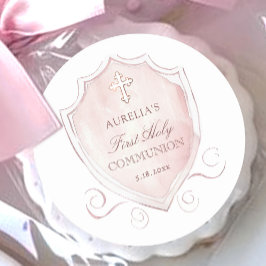 Elegantes rosa Wappen Erstkommunion Runder Aufkleber