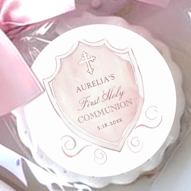 Elegantes rosa Wappen Erstkommunion Runder Aufkleber (Von Creator hochgeladen)