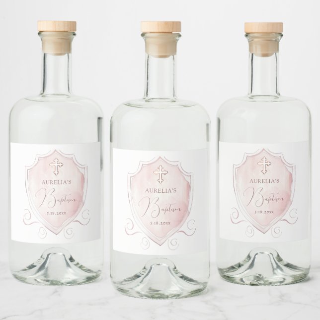 Elegantes rosa Wappen Taufe Alkoholflaschenetikett (Flaschen)