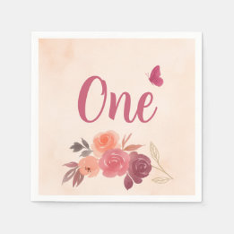 Elegantes rosa Wasserfarben-Blumen-Erstes-Geburtst Serviette