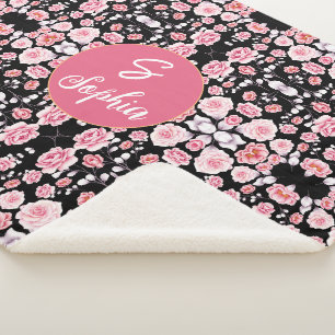Elegantes rosa Wasserfarben-Blumenmonogramm-Name Sherpadecke
