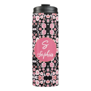 Elegantes rosa Wasserfarben-Blumenmonogramm-Name Thermosbecher