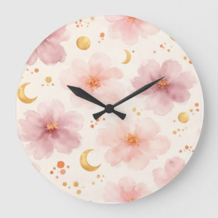 Elegantes rosa Wasserfarben-Blumenmuster Große Wanduhr