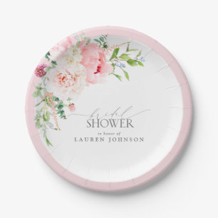 Elegantes Rosa Wasserfarben Florales Brautbad Pappteller