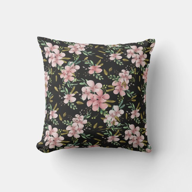 Elegantes rosa Wasserfarben Schwarzes Botanisches  Kissen (Vorderseite)