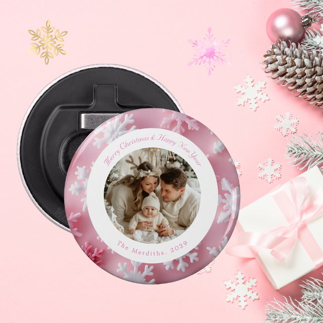 Elegantes Rosa Weihnachts-Schneeflocken-Foto Flaschenöffner (Von Creator hochgeladen)