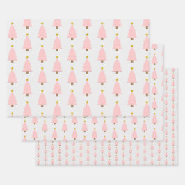 Elegantes rosa Weihnachtsbaum & Golden Star Muster Geschenkpapier Set
