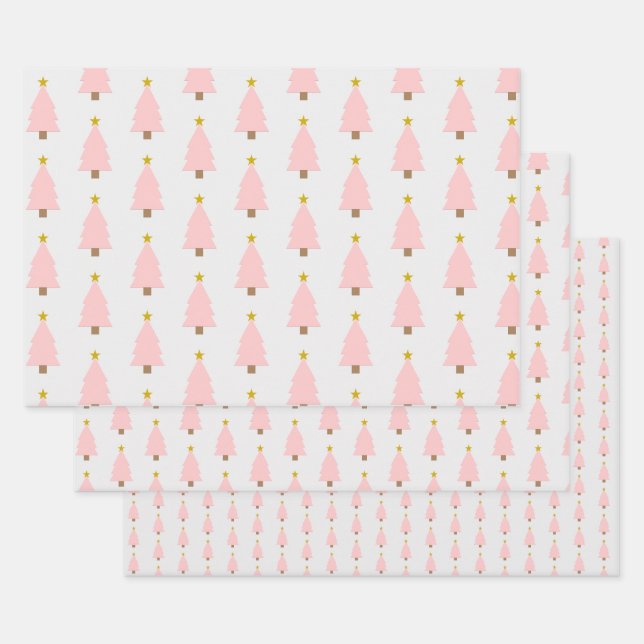 Elegantes rosa Weihnachtsbaum & Golden Star Muster Geschenkpapier Set (Set)