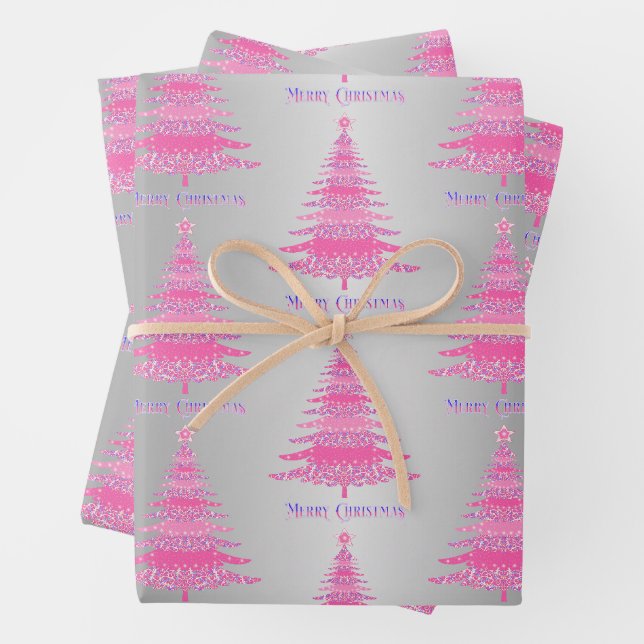 Elegantes, rosa Weihnachtsbaum Silver Foil Geschen Geschenkpapier Set (Beispiel)