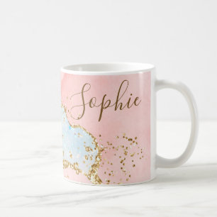 Elegantes Rosa & Weiß & Imitate Gold Glitzer Agat Kaffeetasse