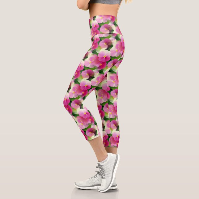 Elegantes rosa-weiße Eingeweihte Blume-Muster Capri Leggings (Links)