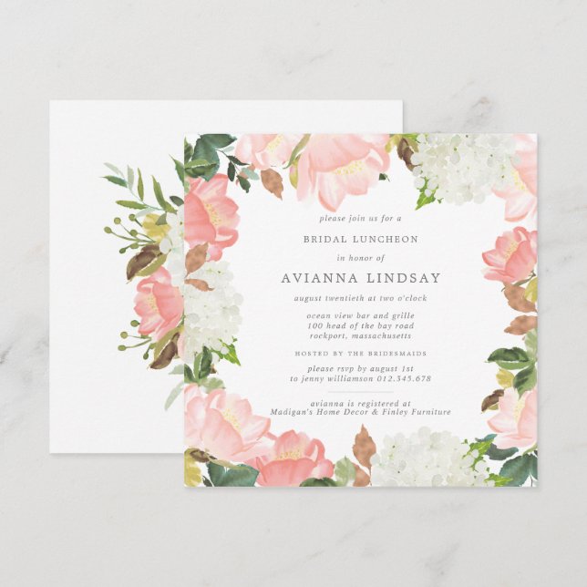 Elegantes Rosa Weiße Flora Bridal Luncheon Einladung (Vorne/Hinten)