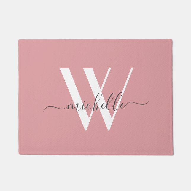 Elegantes, rosa, weißes Monogramm Name-Script Fußmatte (Vorderseite)
