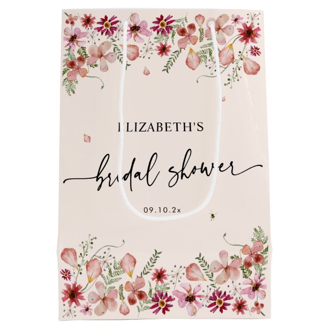 Elegantes Rosa Wildblume Brautparty Favoriten Mittlere Geschenktüte (Rückseite)