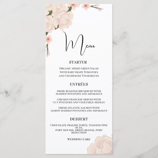 Elegantes rosafarbenes Blumenblossom Hochzeitsmenü Menükarte (Vorderseite)