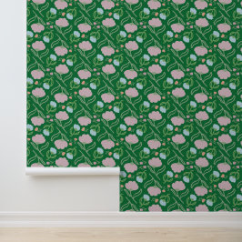 Elegantes rosafarbenes Blumenmuster auf der grünen Tapete
